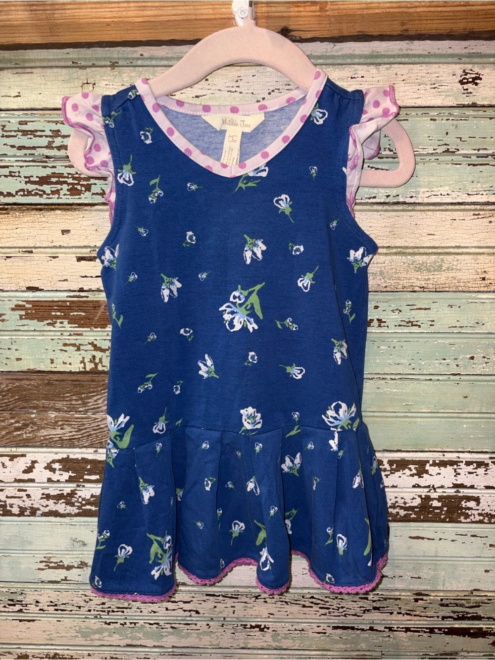 Matilda Jane Blue Floral Dress with Pink Polka Trim